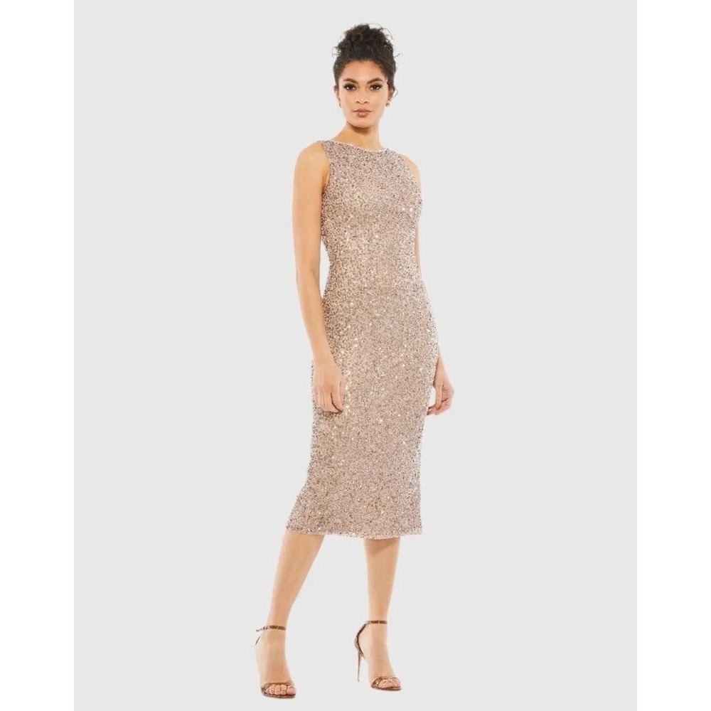 Mac Duggal Sleeveless Sequined Midi Sheath Dress Rose Gold Size 14 NWT Elegant